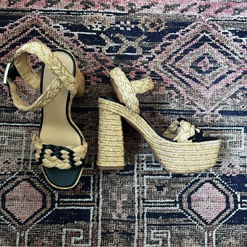 Castaner Agnes Natural & Black Woven Raffia  Tall Sandals Platform Heels 39 US 8